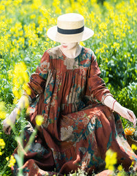 Vintage Floral Bohemian Long Sleeve Linen Maxi Dress