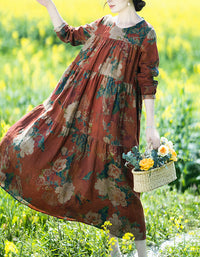 Vintage Floral Bohemian Long Sleeve Linen Maxi Dress