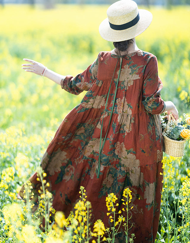 Vintage Floral Bohemian Long Sleeve Linen Maxi Dress