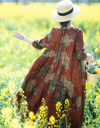 Vintage Floral Bohemian Long Sleeve Linen Maxi Dress