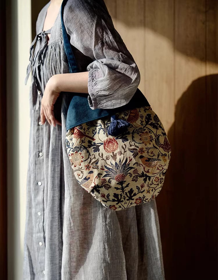 Vintage floral canvas tote bag for women front view