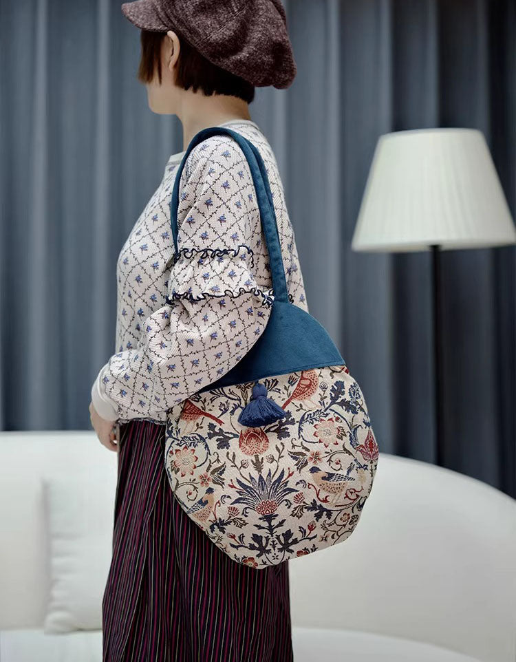 Boho floral canvas handbag with tassel detail