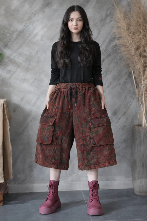 Red floral corduroy wide leg cargo culotte pants with elastic drawstring waist full body front view