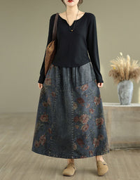 Elastic waist vintage denim skirt floral print