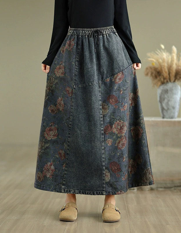 Vintage floral denim maxi skirt front view
