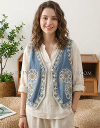 Women Floral Embroidered Cotton Vest Button Front