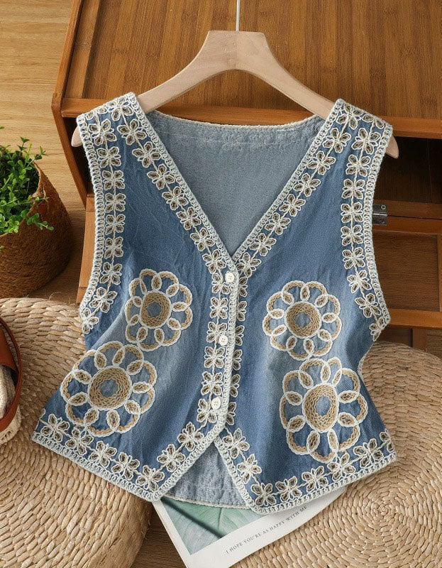 Vintage Embroidered Cotton Vest Women Sleeveless Top