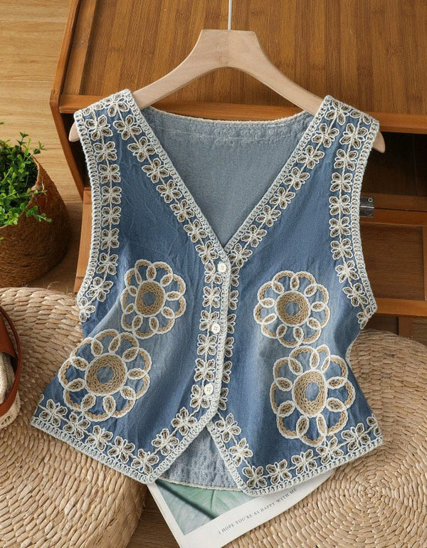 Vintage Embroidered Cotton Vest Women Sleeveless Top