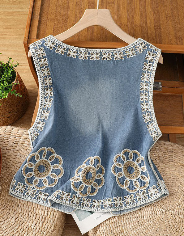 Women Cotton Vest Floral Lace Trim Button Front