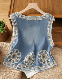 Women Cotton Vest Floral Lace Trim Button Front