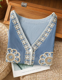 Casual Floral Embroidery Cotton Vest Women Vintage