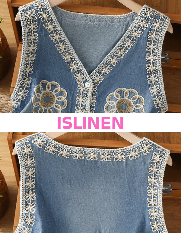 Women Sleeveless Cotton Vest Floral Embroidered Top