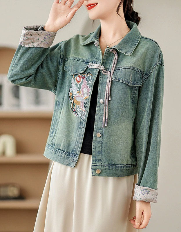 women’s embroidered denim jacket with floral detailing and a stylish drawstring