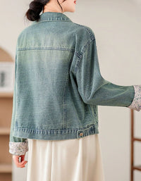 women’s embroidered denim jacket with floral detailing and a stylish drawstring back view