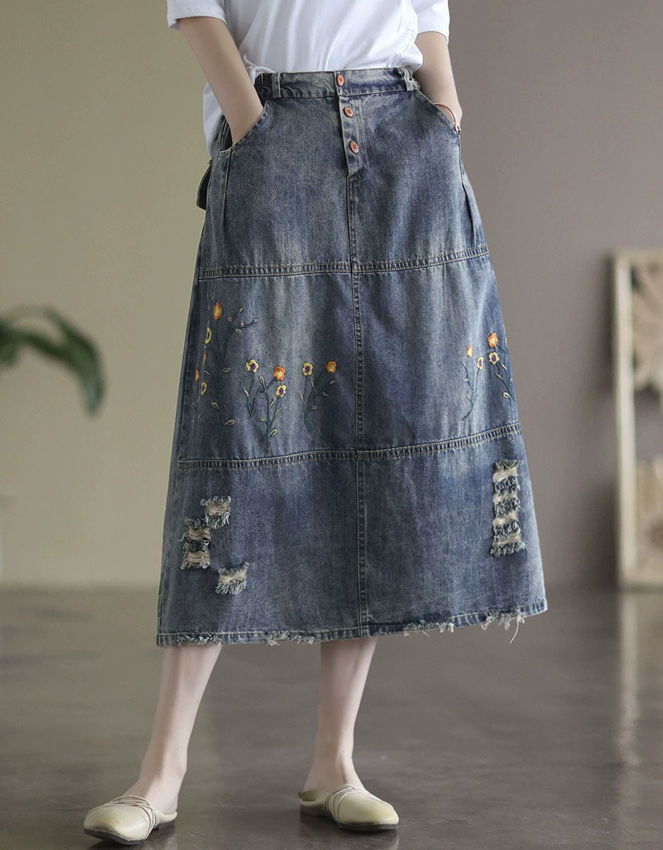 Retro Patchwork Denim Midi Skirt Floral Detail