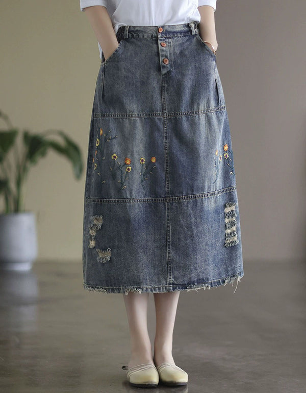 Vintage Embroidered Denim Midi Skirt Distressed