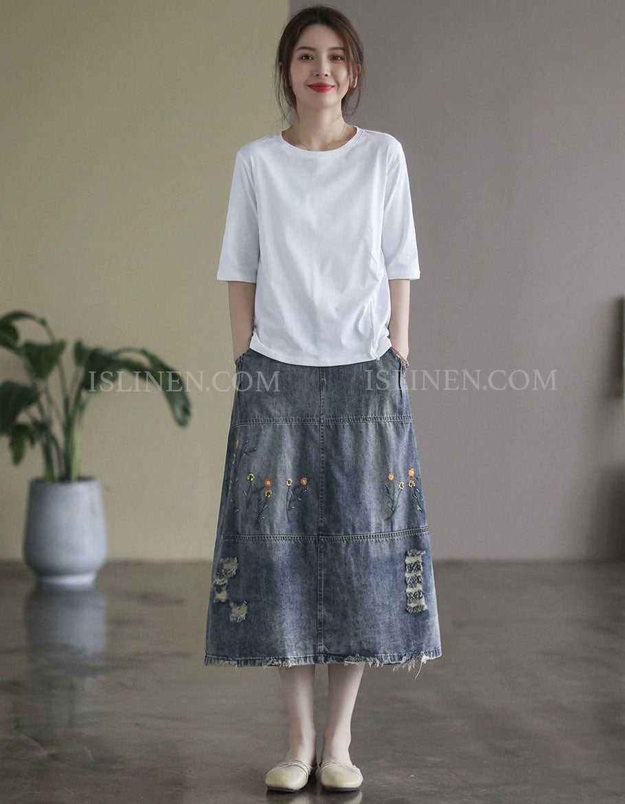 Women’s Washed Denim Skirt Floral Embroidery Midi