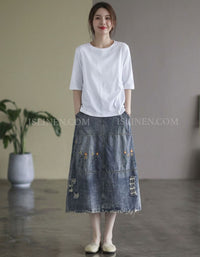 Women’s Washed Denim Skirt Floral Embroidery Midi