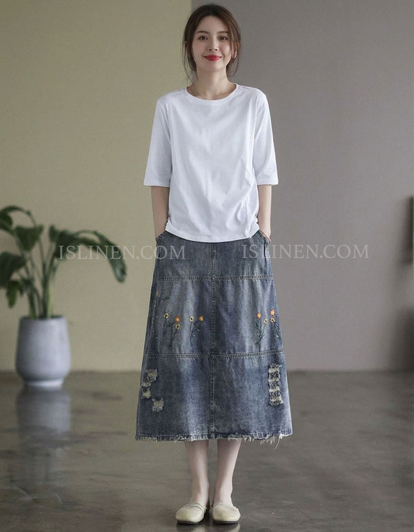 Women’s Washed Denim Skirt Floral Embroidery Midi