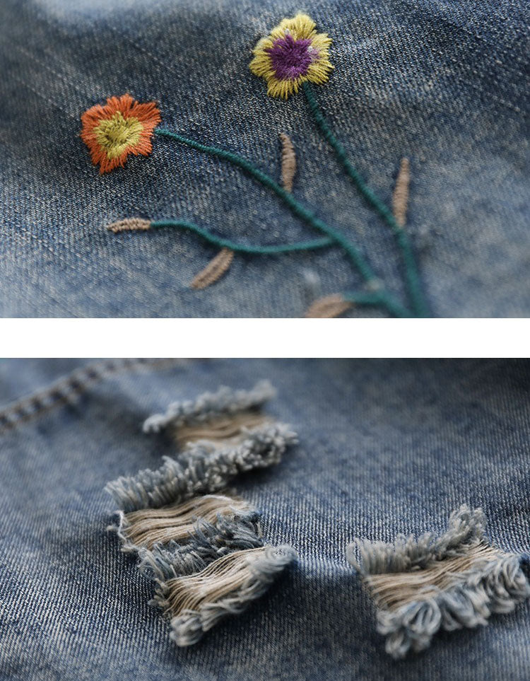 women washed denim skirt floral embroidery casual style