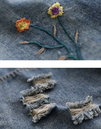 women washed denim skirt floral embroidery casual style