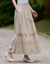 Beige Linen Maxi Skirt Women Floral Embroidery