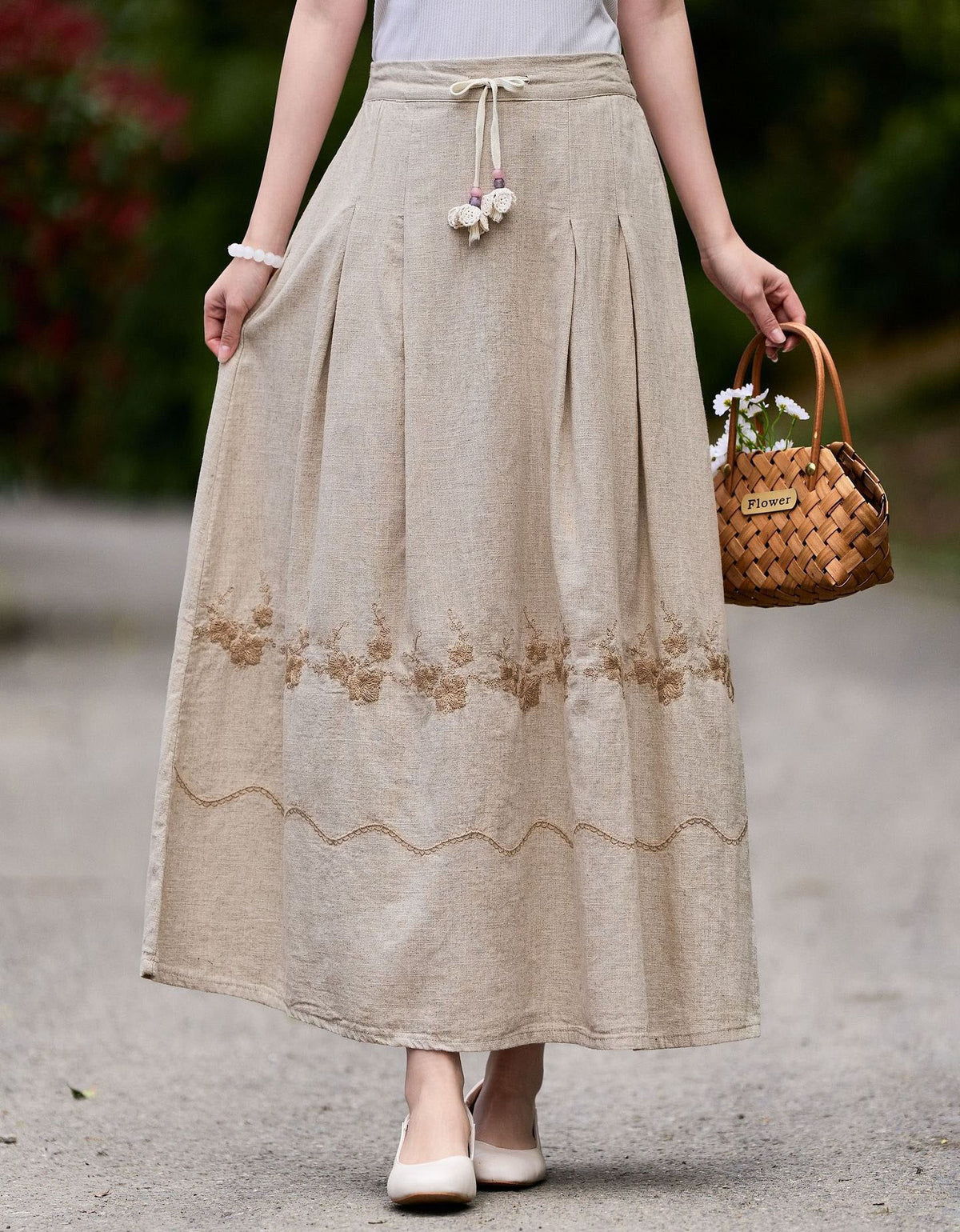 Women Linen Embroidered Maxi Skirt Elastic Waist