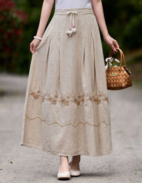 Women Linen Embroidered Maxi Skirt Elastic Waist