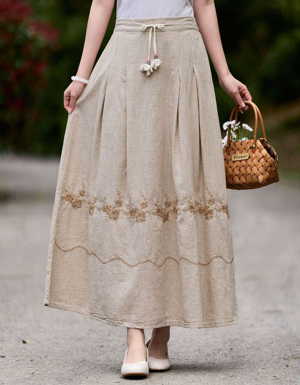 Women Linen Embroidered Maxi Skirt Elastic Waist