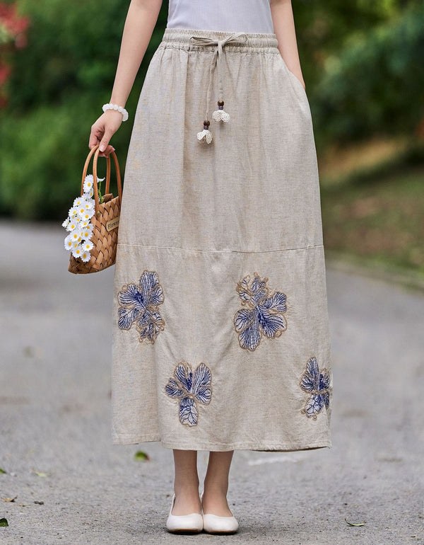 Floral Embroidery Linen Maxi Skirt Casual Women