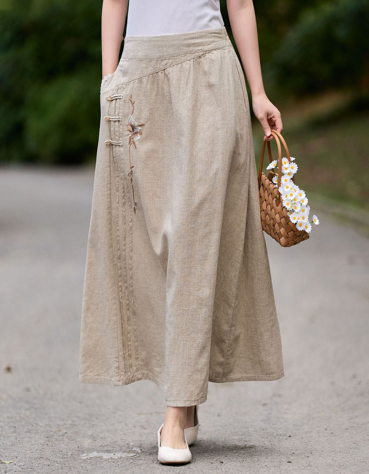 Women Boho Linen Long Skirt Elastic Waist Floral