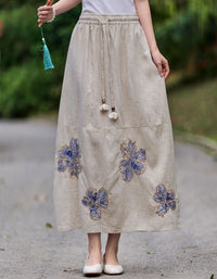 Vintage Linen Maxi Skirt Women Embroidered Floral