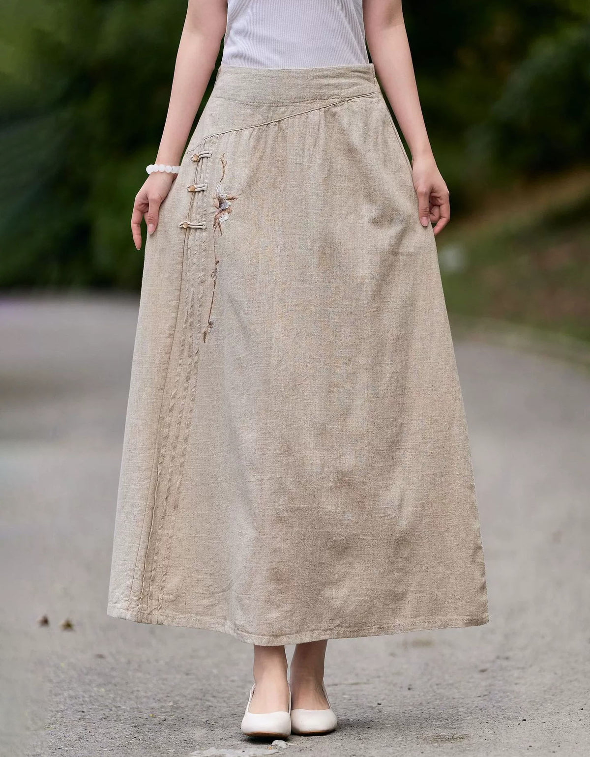 linen embroidered maxi skirt women floral design