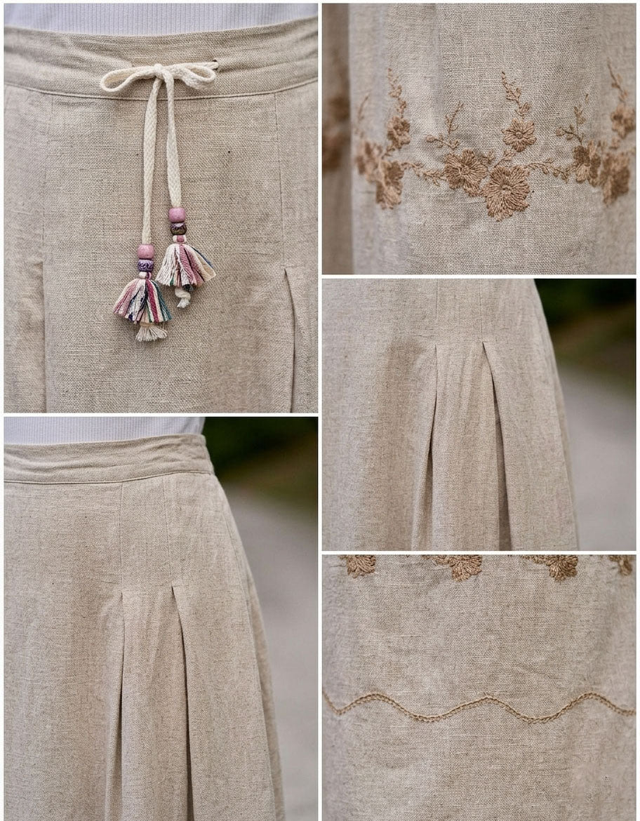 beige linen long skirt elastic waist casual outfit
