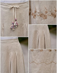 beige linen long skirt elastic waist casual outfit