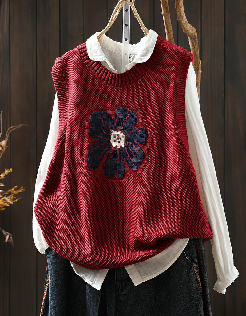 Vintage Floral Embroidered Knit Vest