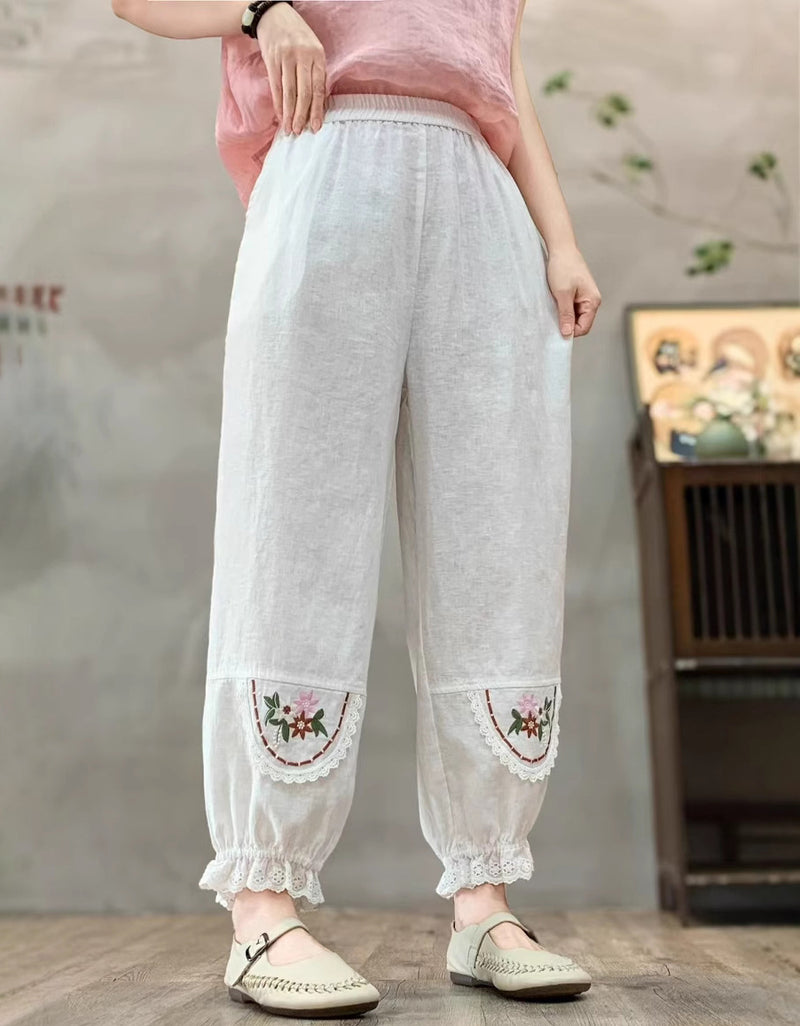 Vintage Floral Embroidered Lace Cuff Linen Pants