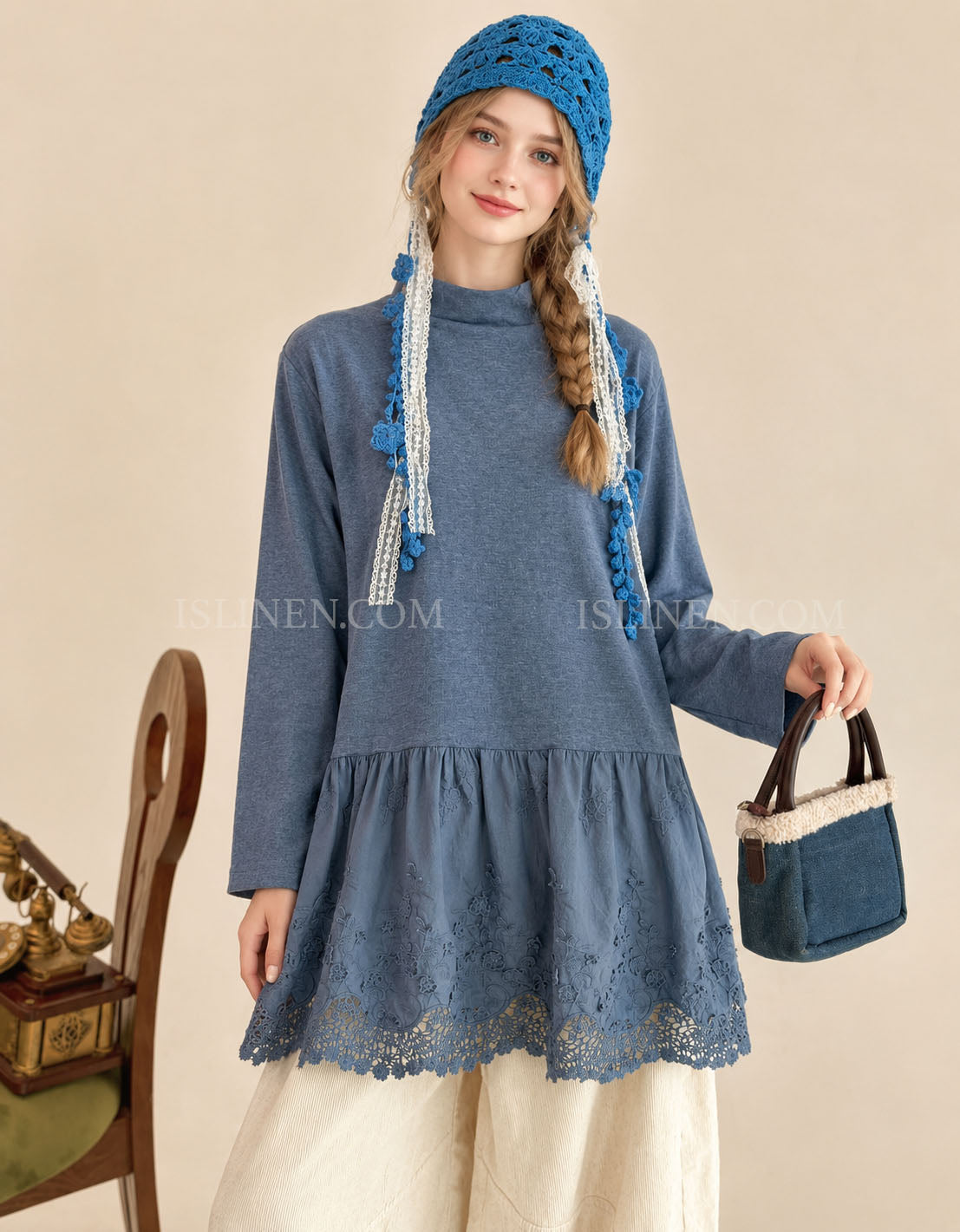 Women's Blue Long Sleeve Lace Hem Embroidered Tunic