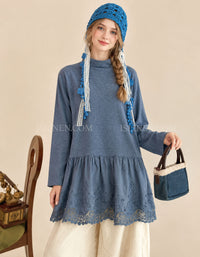 Women's Blue Long Sleeve Lace Hem Embroidered Tunic