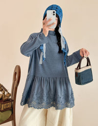 Women's Blue Floral Embroidered Tunic Top