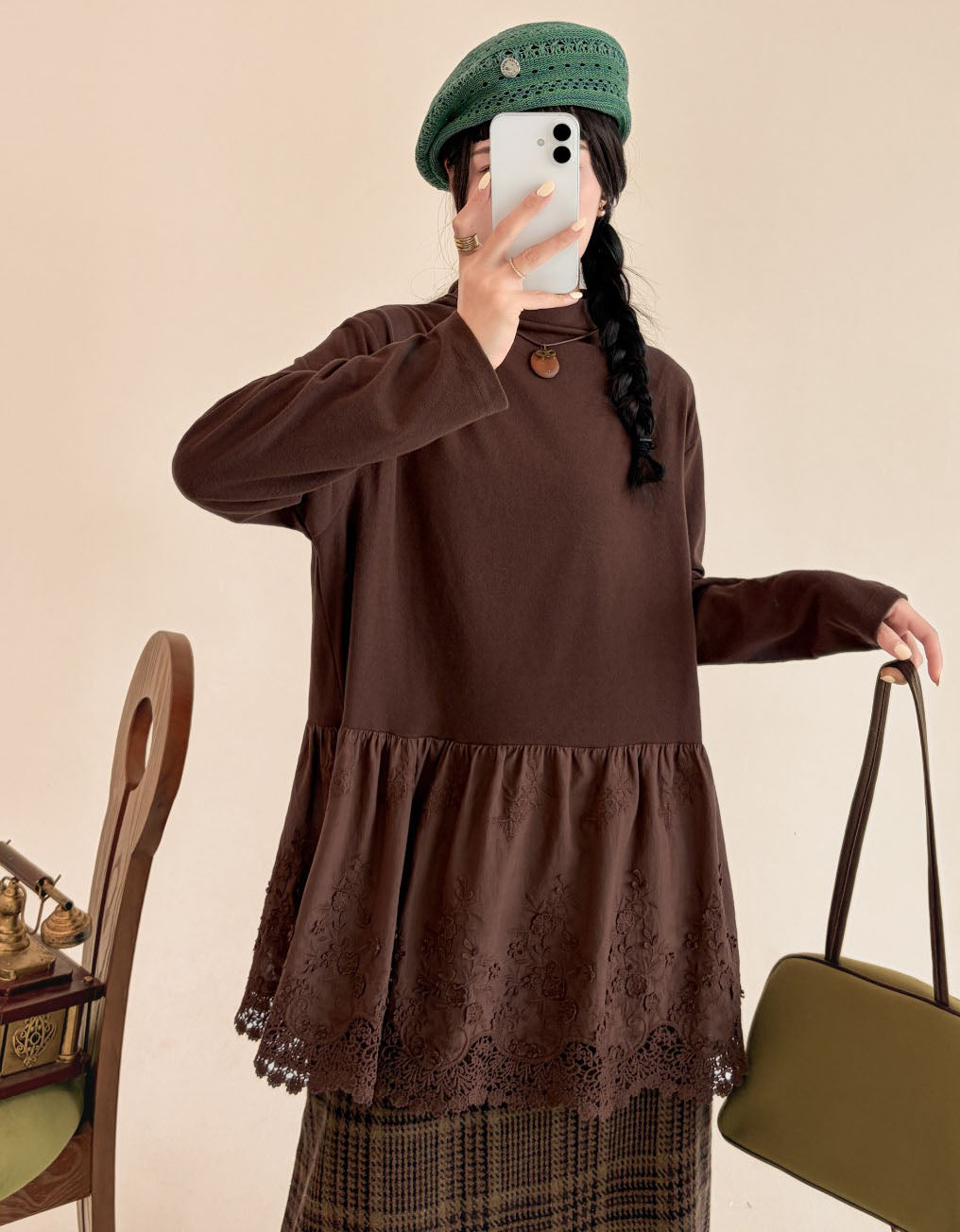 Women's Coffee Long Sleeve Vintage Tunic with Lace