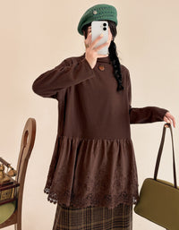Women's Coffee Long Sleeve Vintage Tunic with Lace