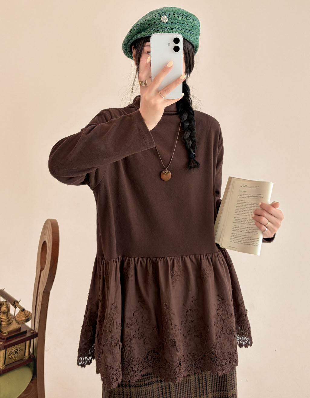 Women's coffee long sleeve tunic with a gathered hem