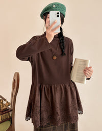 Women's coffee long sleeve tunic with a gathered hem