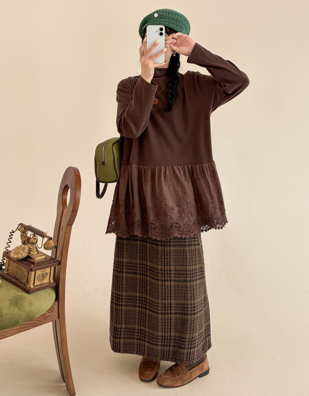 Women's Coffee Lace Trim Long Sleeve Tunic Top