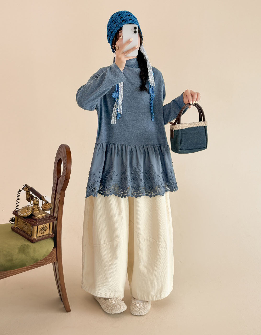 Women's Vintage Blue Embroidered Lace Hem Tunic