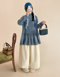 Women's Vintage Blue Embroidered Lace Hem Tunic