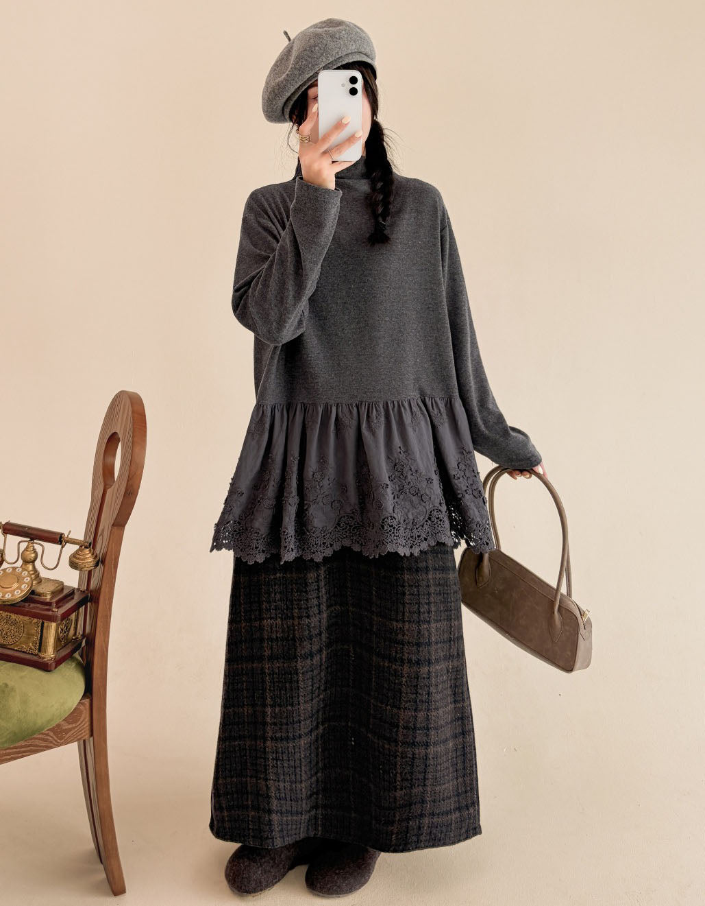 Women's Gray Lace Trim Long Sleeve Tunic Top