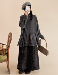Women's Gray Lace Trim Long Sleeve Tunic Top
