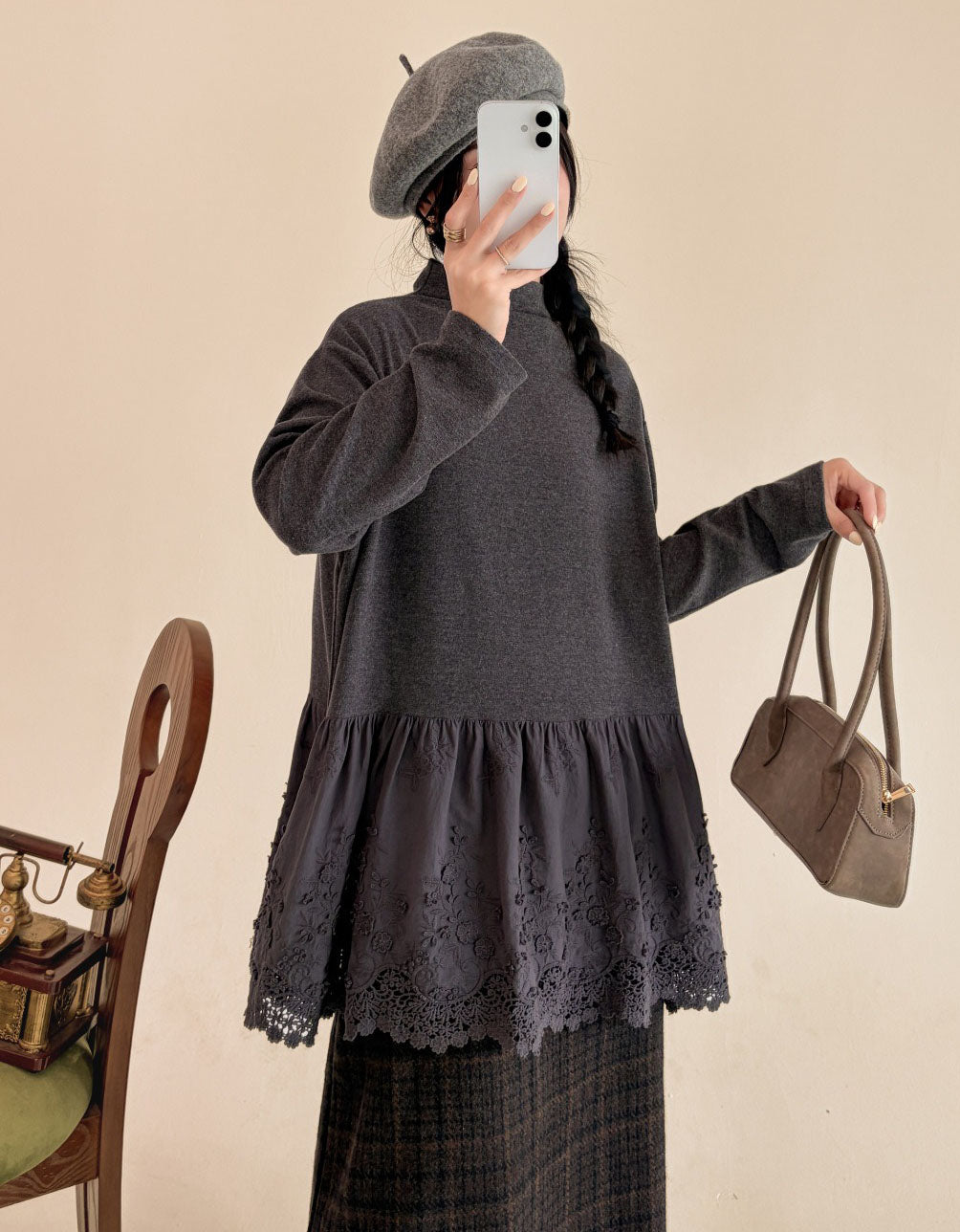 Women's Vintage Gray Embroidered Lace Hem Tunic